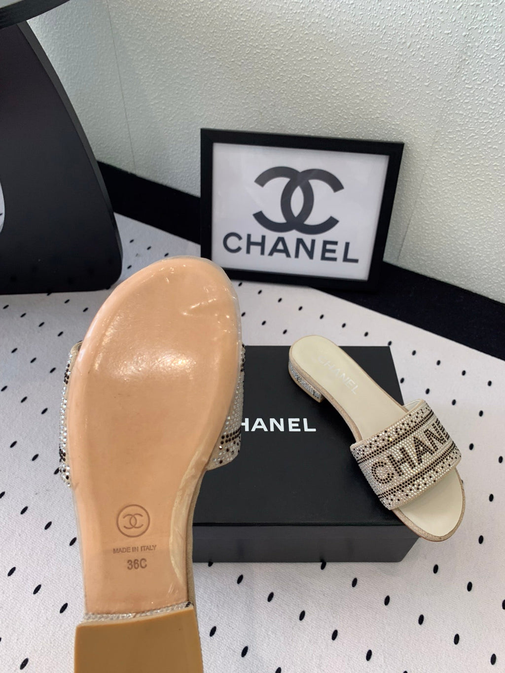 CHANEL RHINESTONE LETTER SLIPPERS BEIGE LAMBSKIN