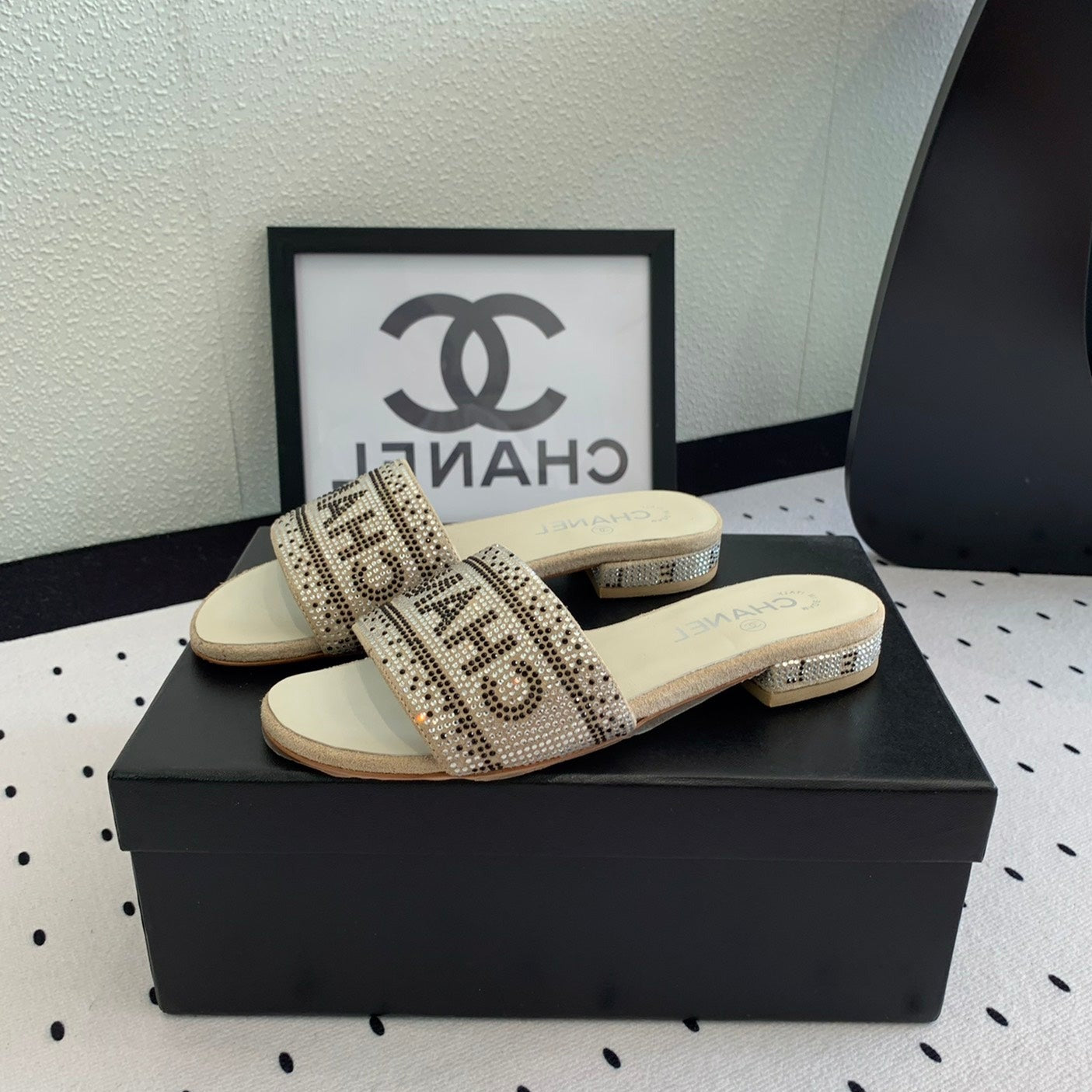 CHANEL RHINESTONE LETTER SLIPPERS BEIGE LAMBSKIN