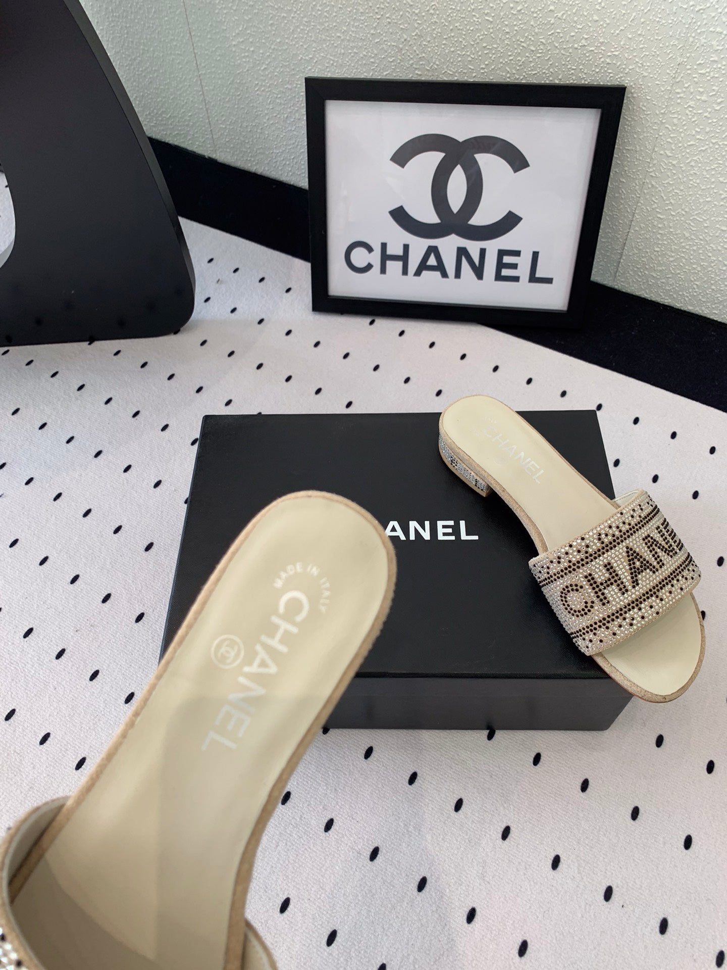 CHANEL RHINESTONE LETTER SLIPPERS BEIGE LAMBSKIN