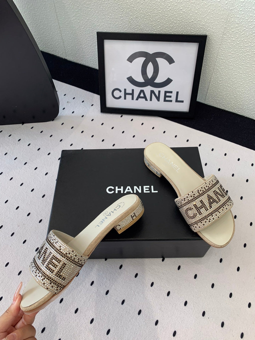 CHANEL RHINESTONE LETTER SLIPPERS BEIGE LAMBSKIN