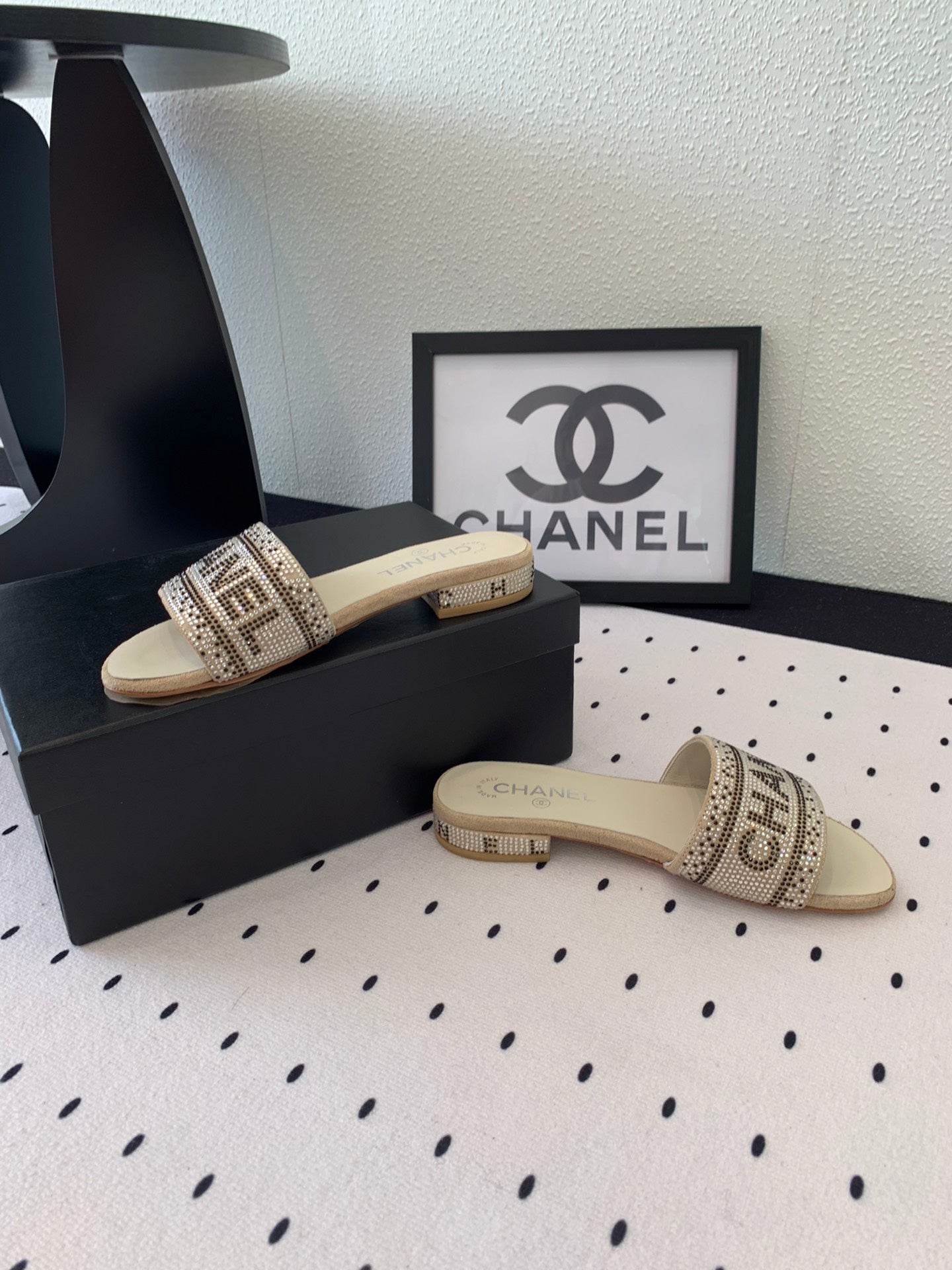 CHANEL RHINESTONE LETTER SLIPPERS BEIGE LAMBSKIN