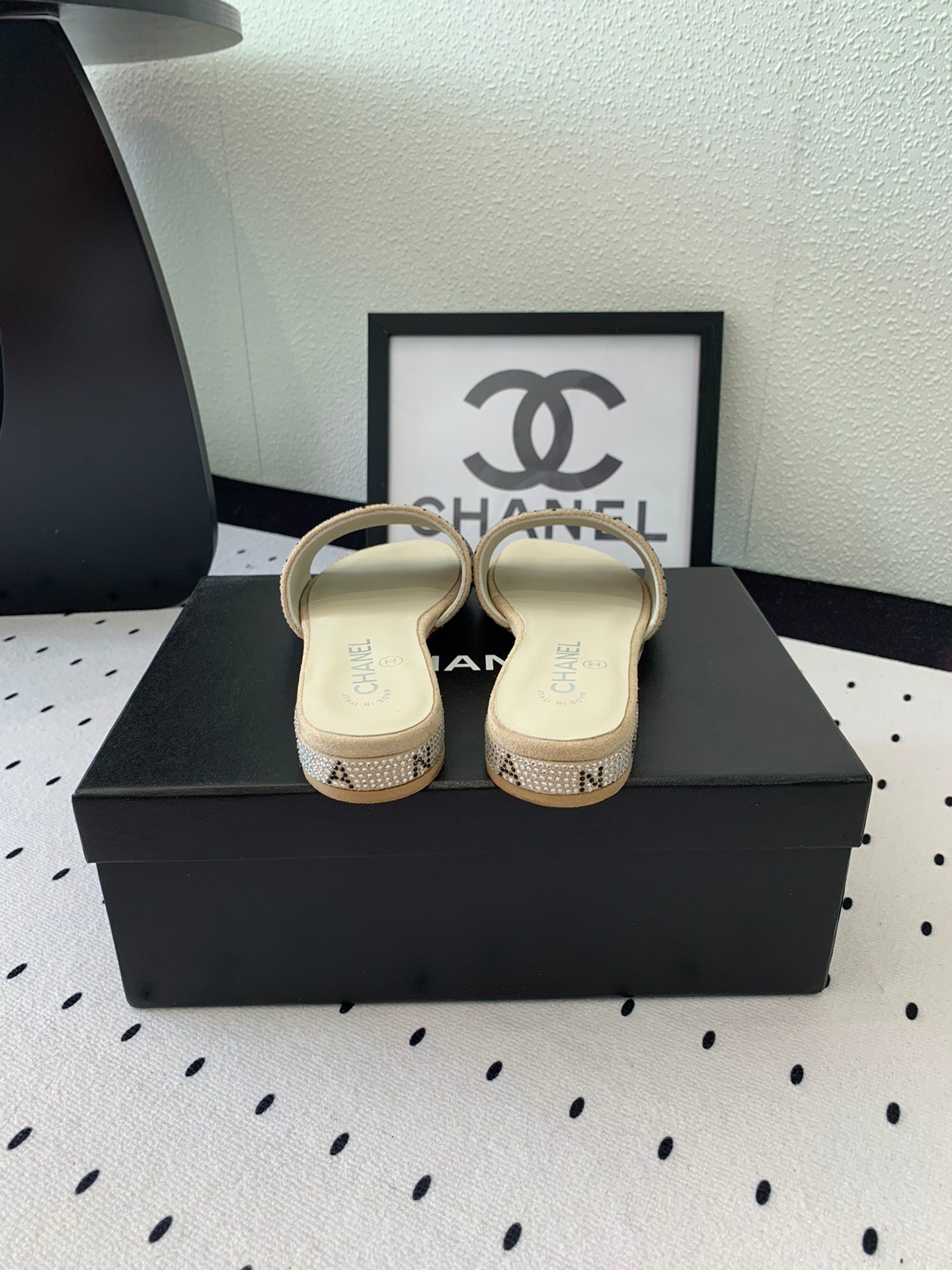 CHANEL RHINESTONE LETTER SLIPPERS BEIGE LAMBSKIN