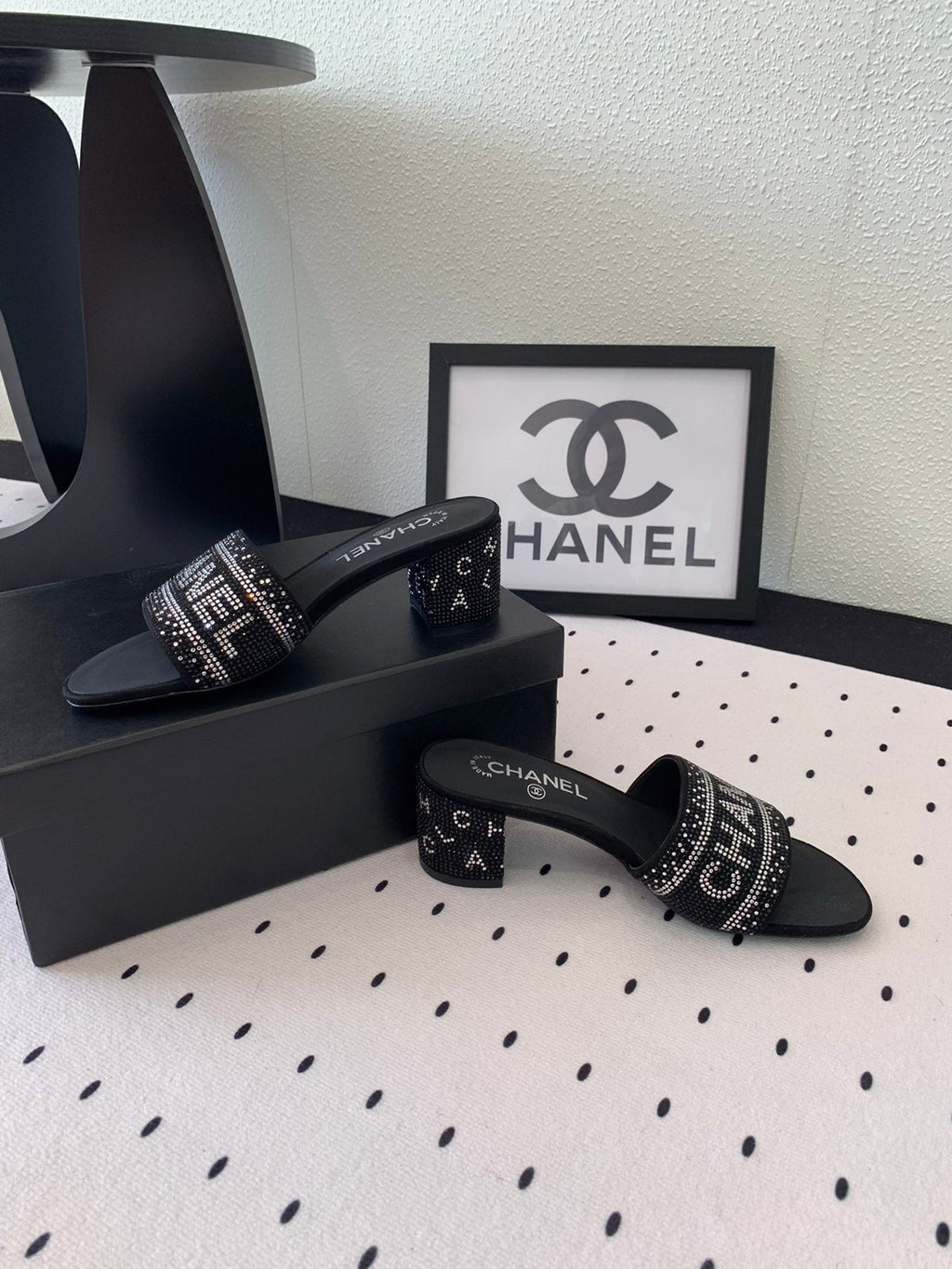 CHANEL RHINESTONE LETTER HIGH HEELS BLACK AND WHITE LAMBSKIN