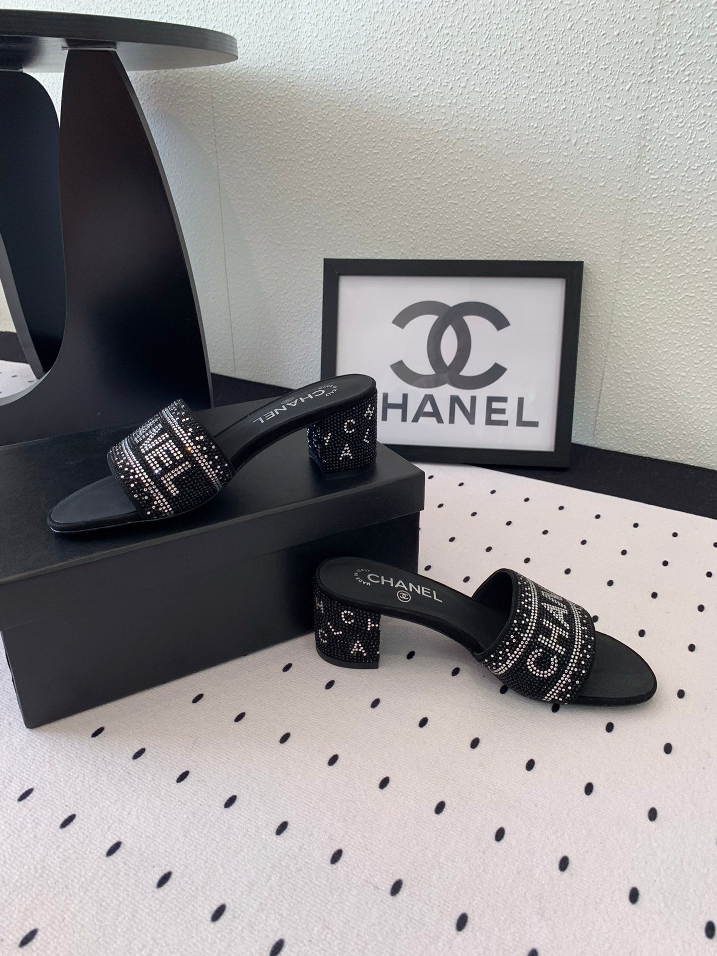 CHANEL RHINESTONE LETTER HIGH HEELS BLACK AND WHITE LAMBSKIN