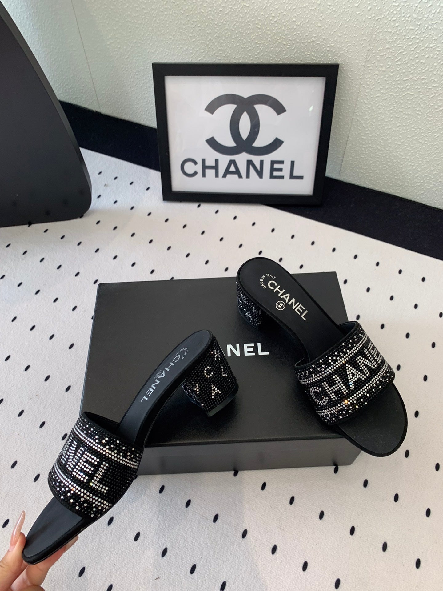 CHANEL RHINESTONE LETTER HIGH HEELS BLACK AND WHITE LAMBSKIN