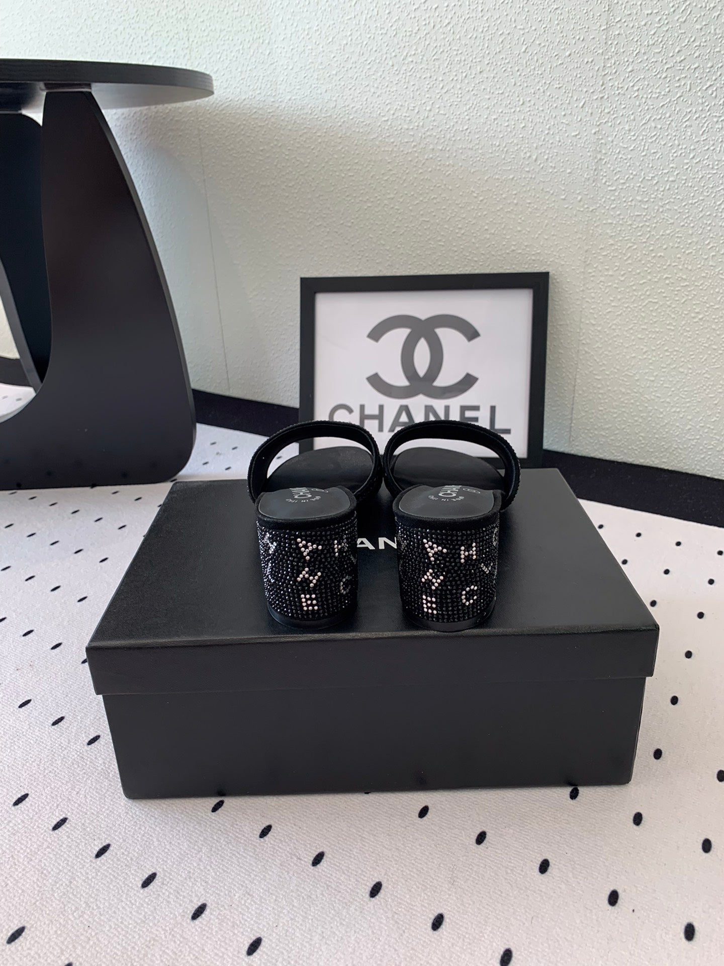 CHANEL RHINESTONE LETTER HIGH HEELS BLACK AND WHITE LAMBSKIN