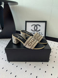 CHANEL RHINESTONE LETTER HIGH HEELS CARAMEL BROWN AND BLACK LAMBSKIN
