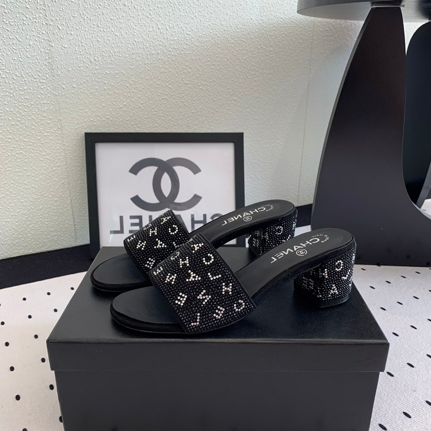 CHANEL RHINESTONE LETTER HIGH HEELS BLACK LAMBSKIN
