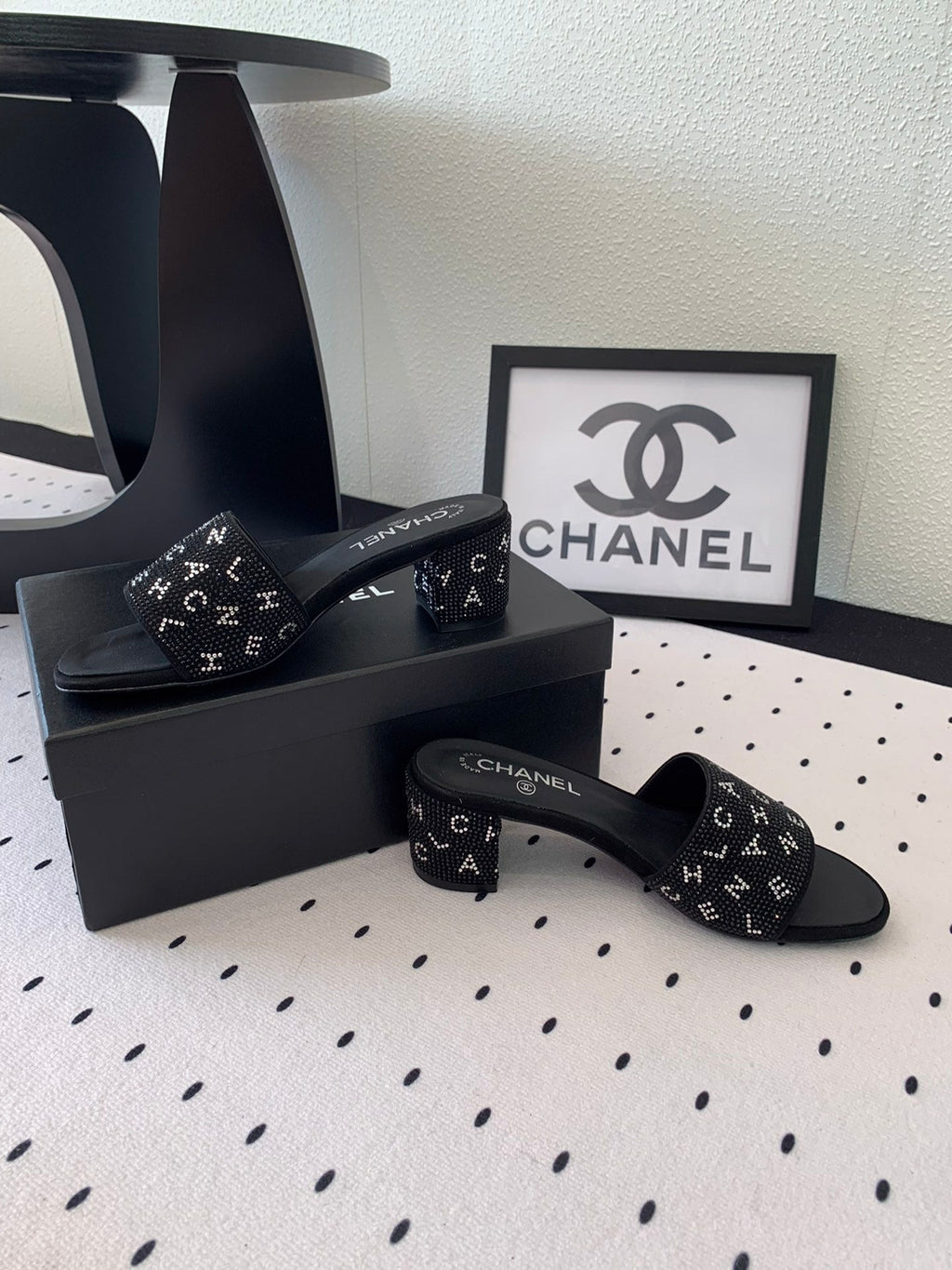 CHANEL RHINESTONE LETTER HIGH HEELS BLACK LAMBSKIN