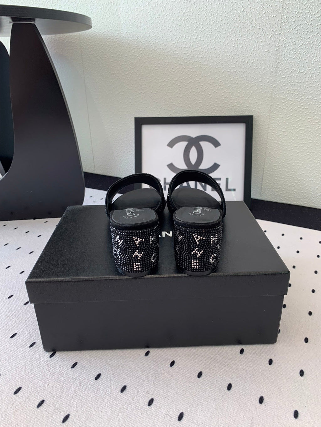 CHANEL RHINESTONE LETTER HIGH HEELS BLACK LAMBSKIN