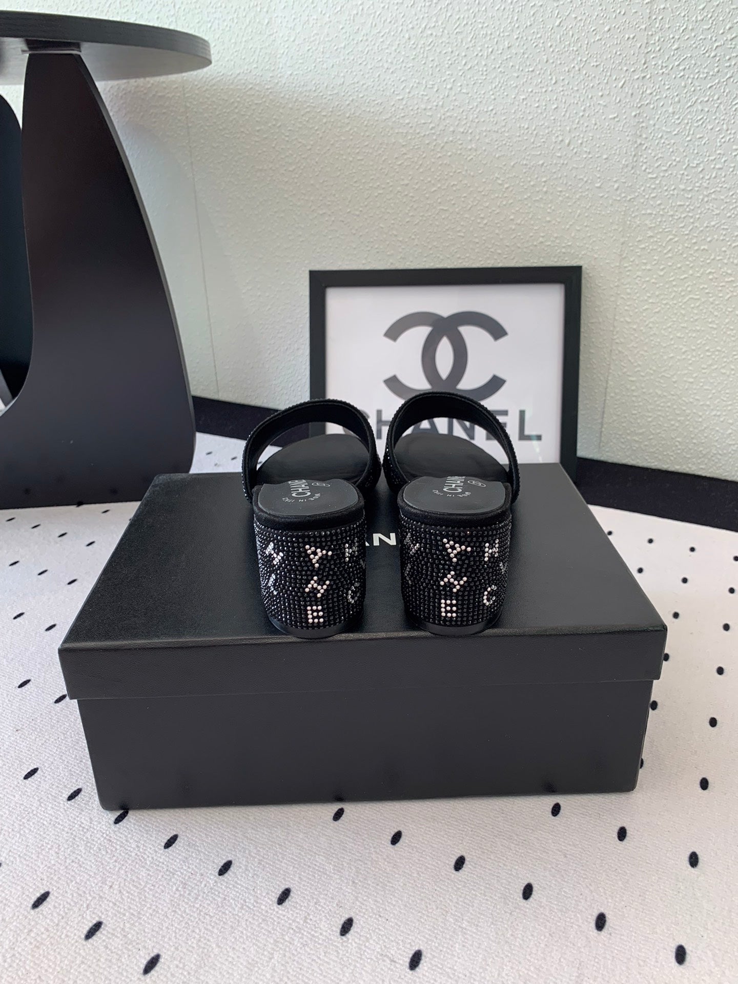 CHANEL RHINESTONE LETTER HIGH HEELS BLACK LAMBSKIN