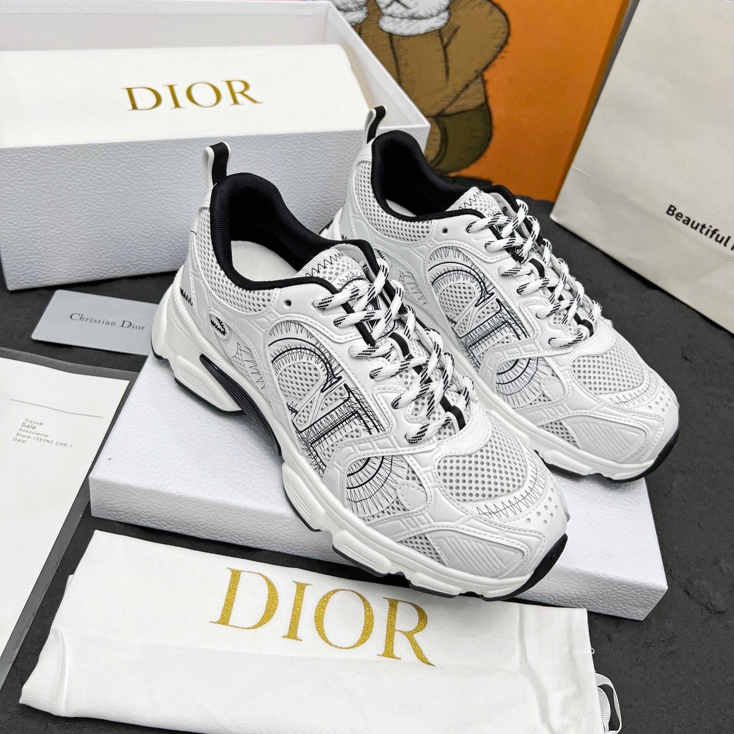 DIOR CD CHRONO SNEAKERS IN WHITE AND BLACK MESH