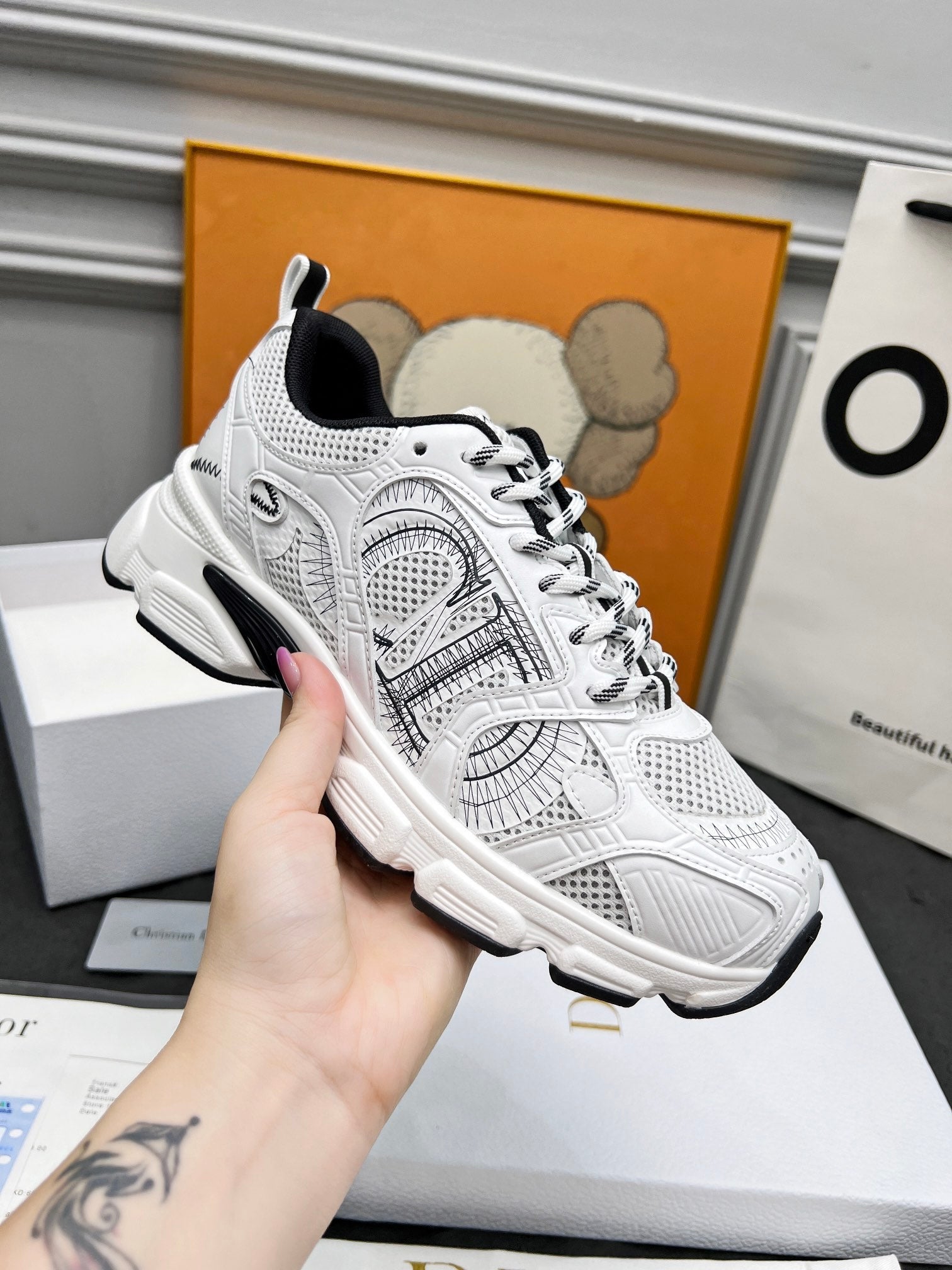 DIOR CD CHRONO SNEAKERS IN WHITE AND BLACK MESH