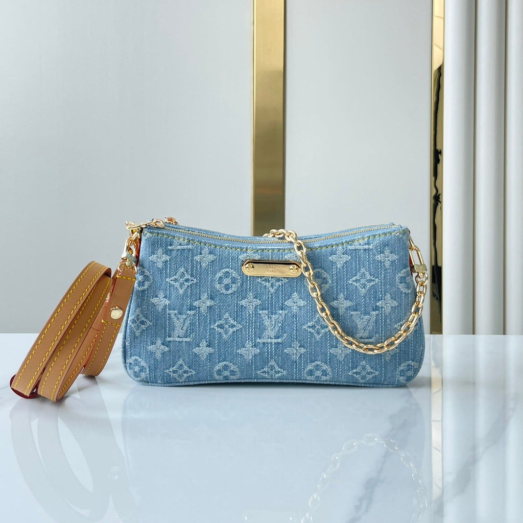 LOUIS VUITTON LIV POCHETTE 24 IN BLUE MONOGRAM DENIM GOLD HARDWARE