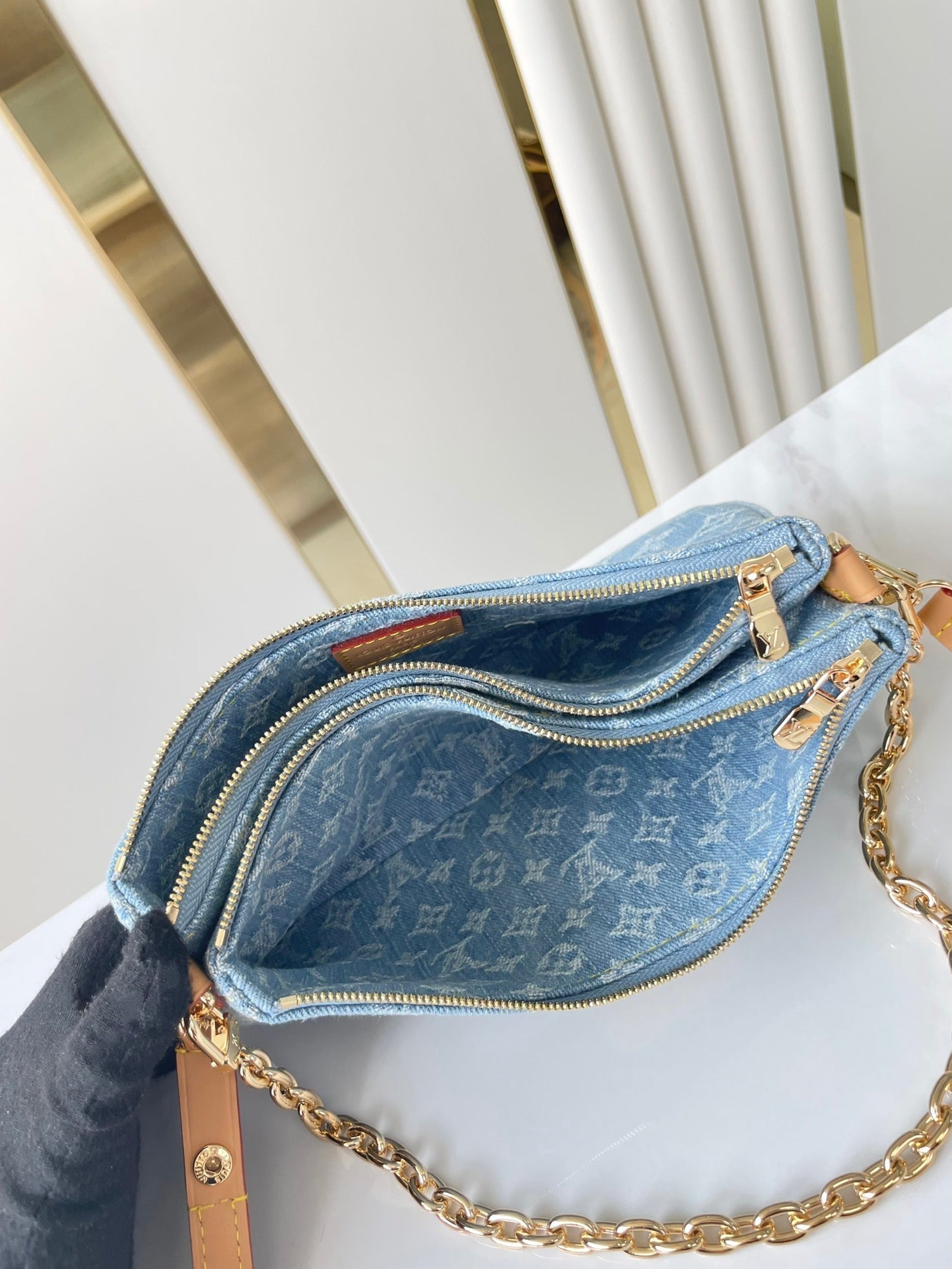 LOUIS VUITTON LIV POCHETTE 24 IN BLUE MONOGRAM DENIM GOLD HARDWARE