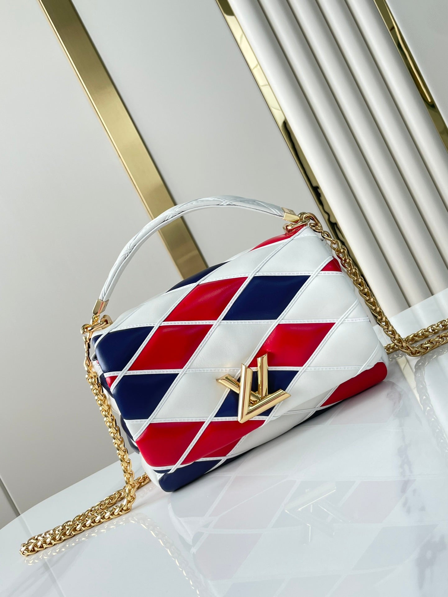 LOUIS VUITTON GO-14 MM 23 IN WHITE RED MIX NAVY BLUE QUILTED LAMBSKIN GOLD HARDWARE