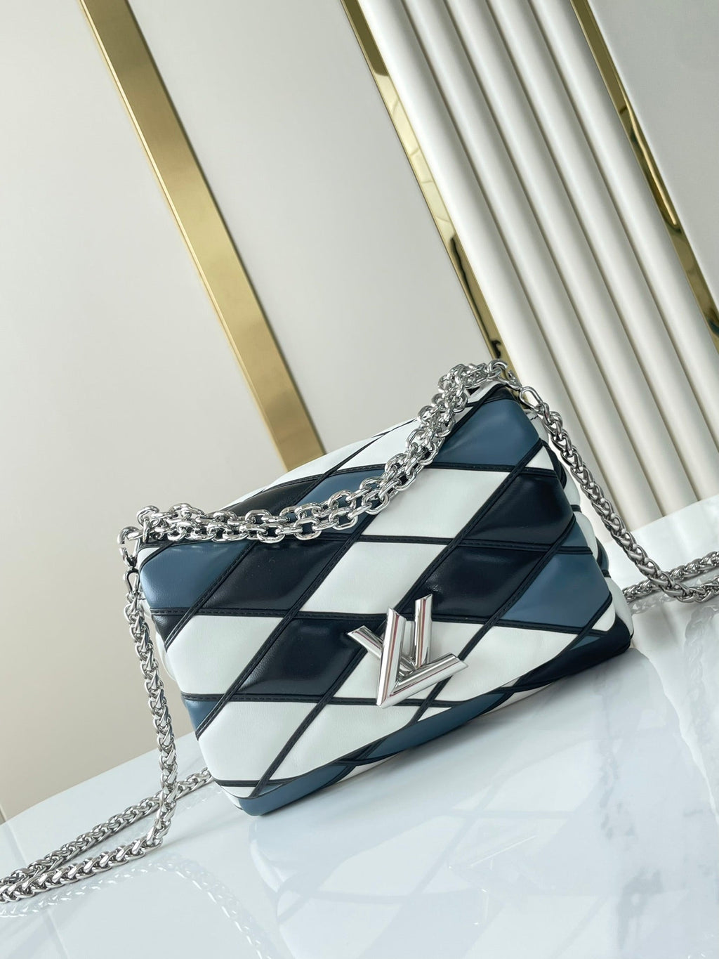 LOUIS VUITTON GO-14 MM 23 IN WHITE BLACK MIX STEEL BLUE QUILTED LAMBSKIN SILVER HARDWARE