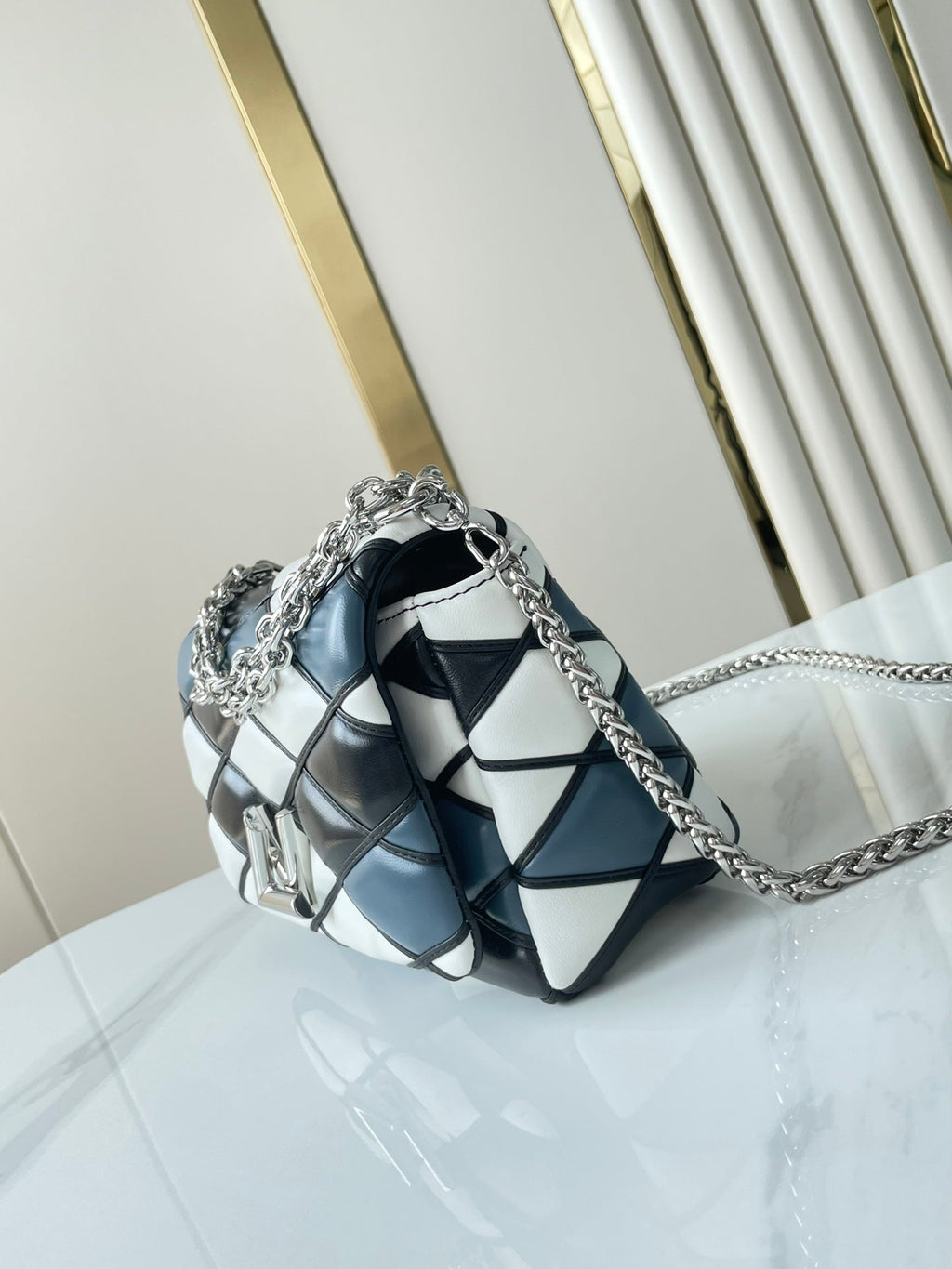 LOUIS VUITTON GO-14 MM 23 IN WHITE BLACK MIX STEEL BLUE QUILTED LAMBSKIN SILVER HARDWARE