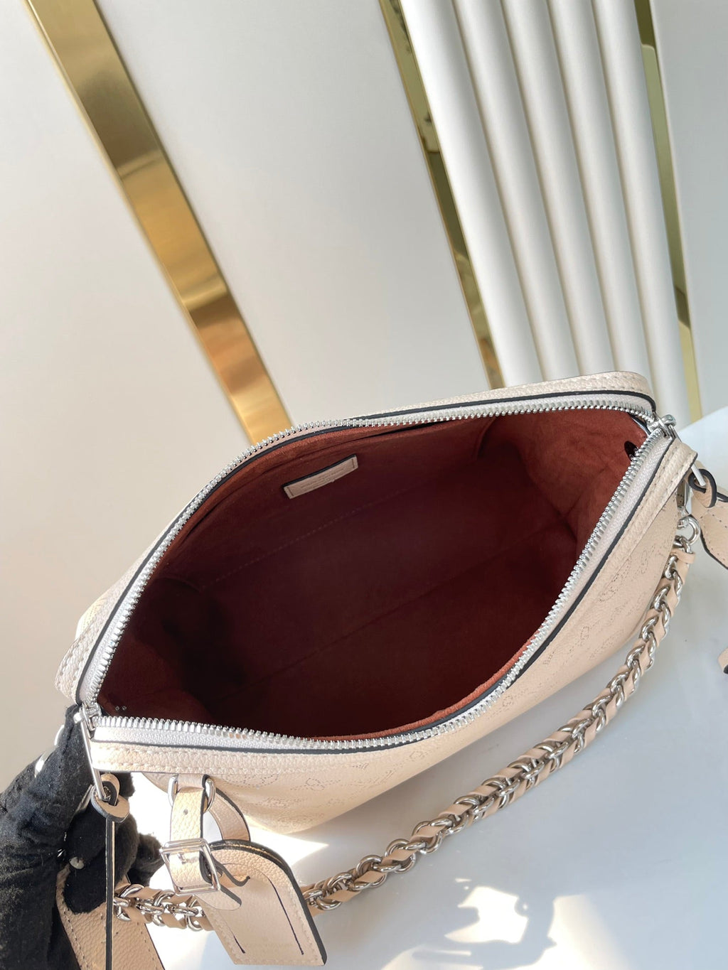 LOUIS VUITTON HAND IT ALL PM 29 IN BEIGE MONOGRAM PERFORATE CALFSKIN SILVER HARDWARE