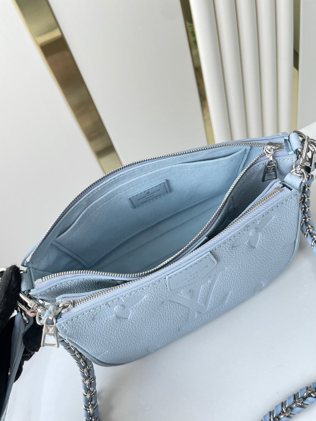 LOUIS VUITTON MULTI POCHETTE ACCESSOIRES 24 IN BEAU BLUE MONOGRAM EMPREINTE LEATHER