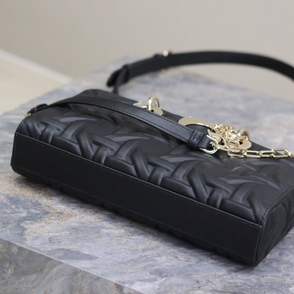 DIOR LADY D-JOY BAG 26 IN BLACK GRAPHIC CANNAGE CALFSKIN PALE GOLD-FINISH METAL CHARMS