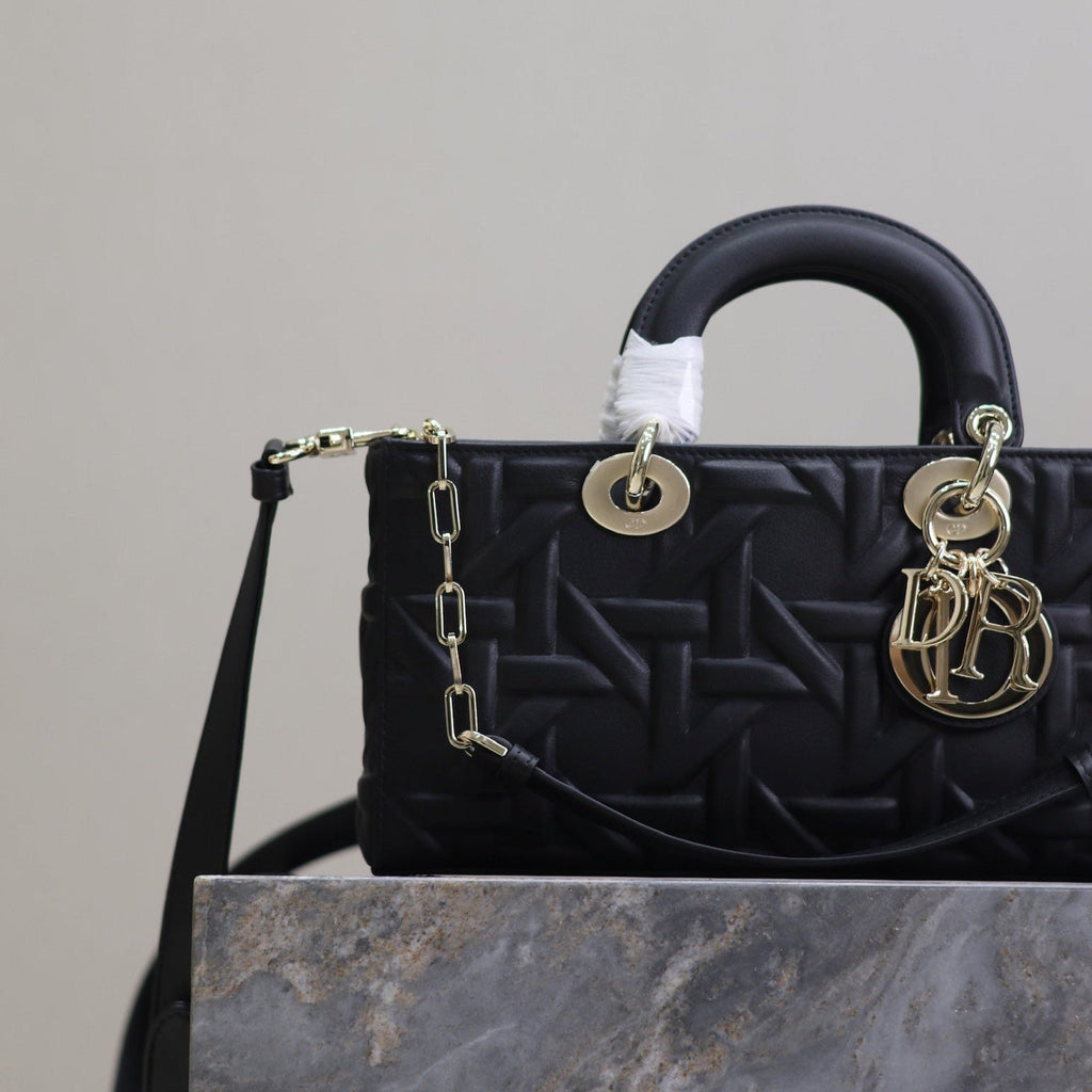 DIOR LADY D-JOY BAG 26 IN BLACK GRAPHIC CANNAGE CALFSKIN PALE GOLD-FINISH METAL CHARMS