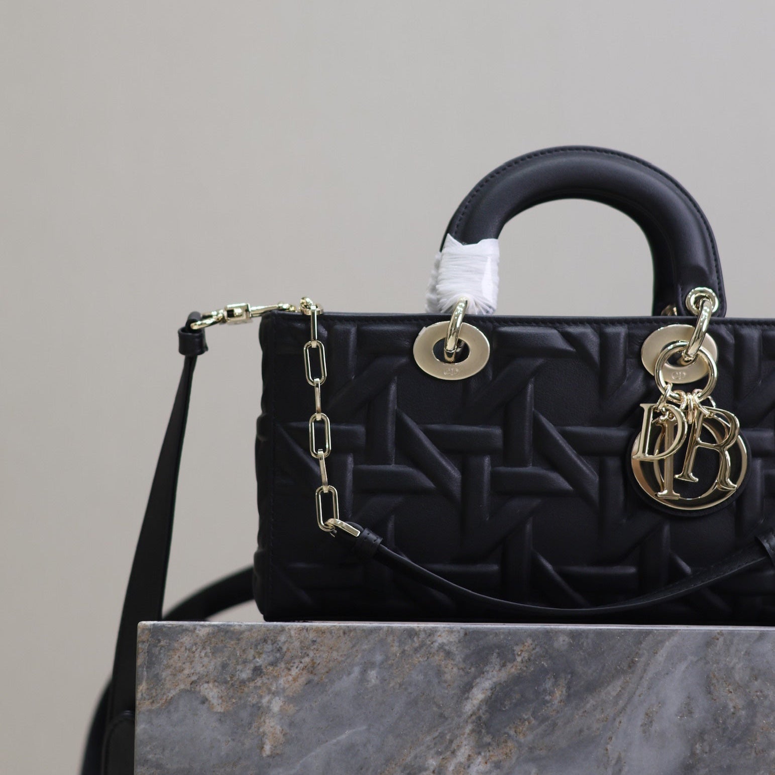 DIOR LADY D-JOY BAG 26 IN BLACK GRAPHIC CANNAGE CALFSKIN PALE GOLD-FINISH METAL CHARMS