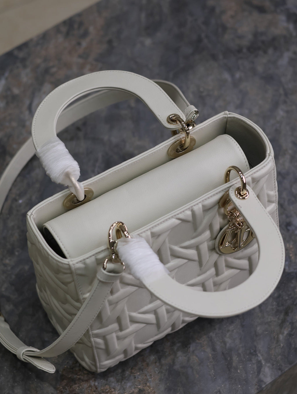 DIOR LADY BAG 24 IN WHITE GRAPHIC CANNAGE CALFSKIN PALE GOLD-FINISH METAL CHARMS