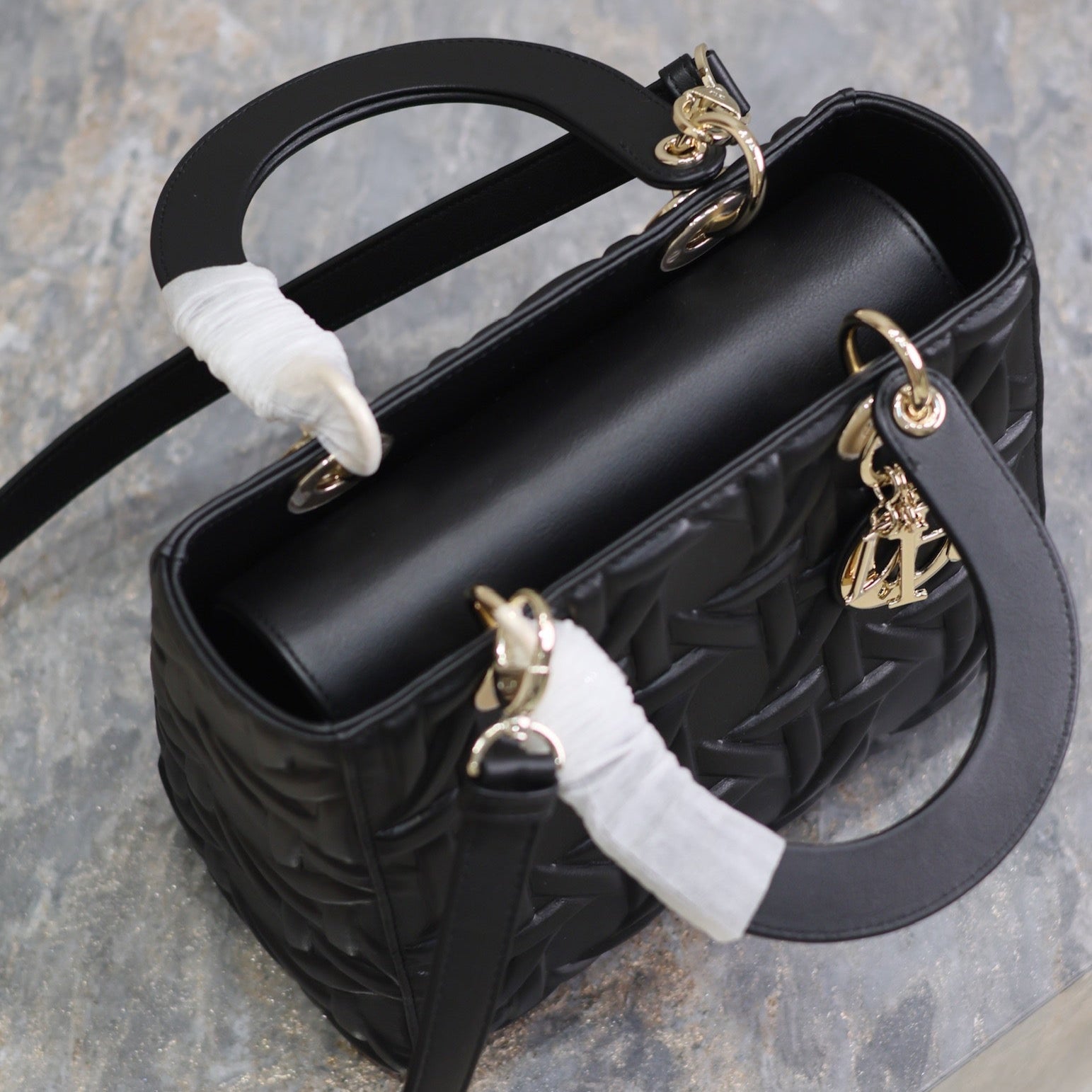 DIOR LADY BAG 24 IN BLACK GRAPHIC CANNAGE CALFSKIN PALE GOLD-FINISH METAL CHARMS