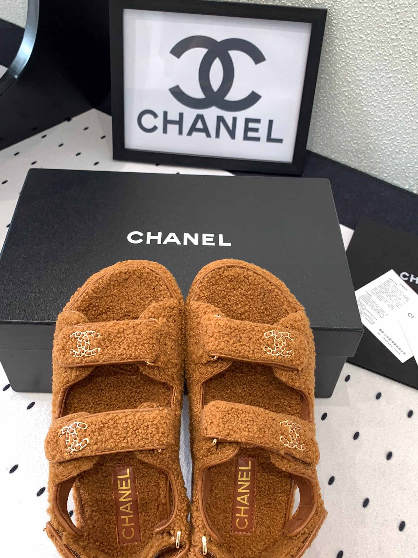 CHANEL DAD SANDAL BRONZE BROWN LAMB FUR
