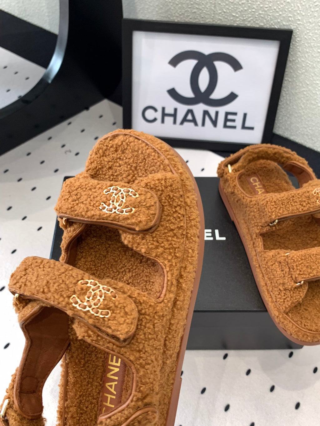 CHANEL DAD SANDAL BRONZE BROWN LAMB FUR