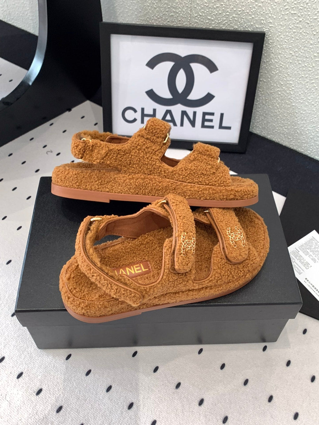 CHANEL DAD SANDAL BRONZE BROWN LAMB FUR