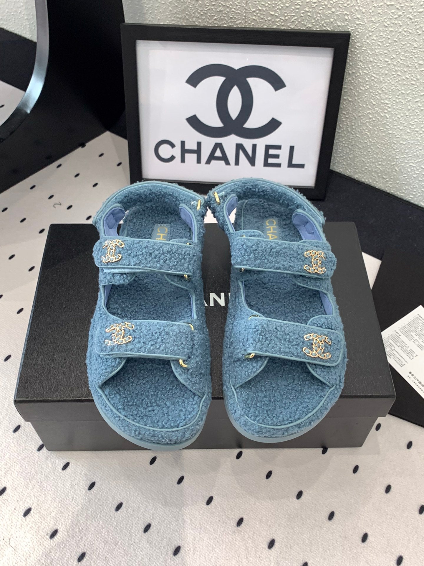 CHANEL DAD SANDAL AEGEAN BLUE LAMB FUR