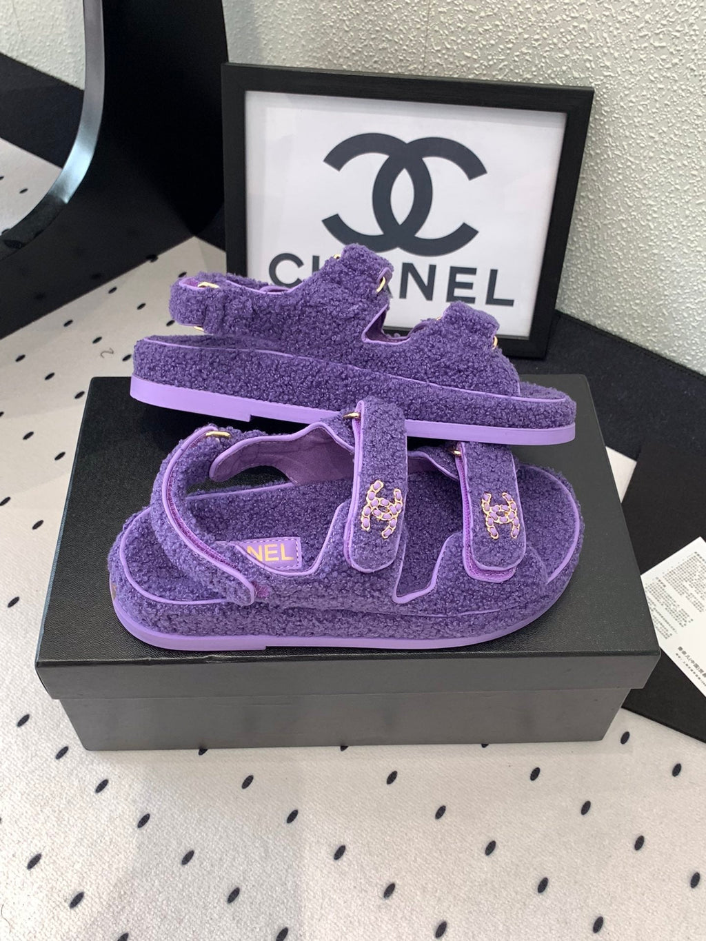 CHANEL DAD SANDAL PLUM PURPLE LAMB FUR