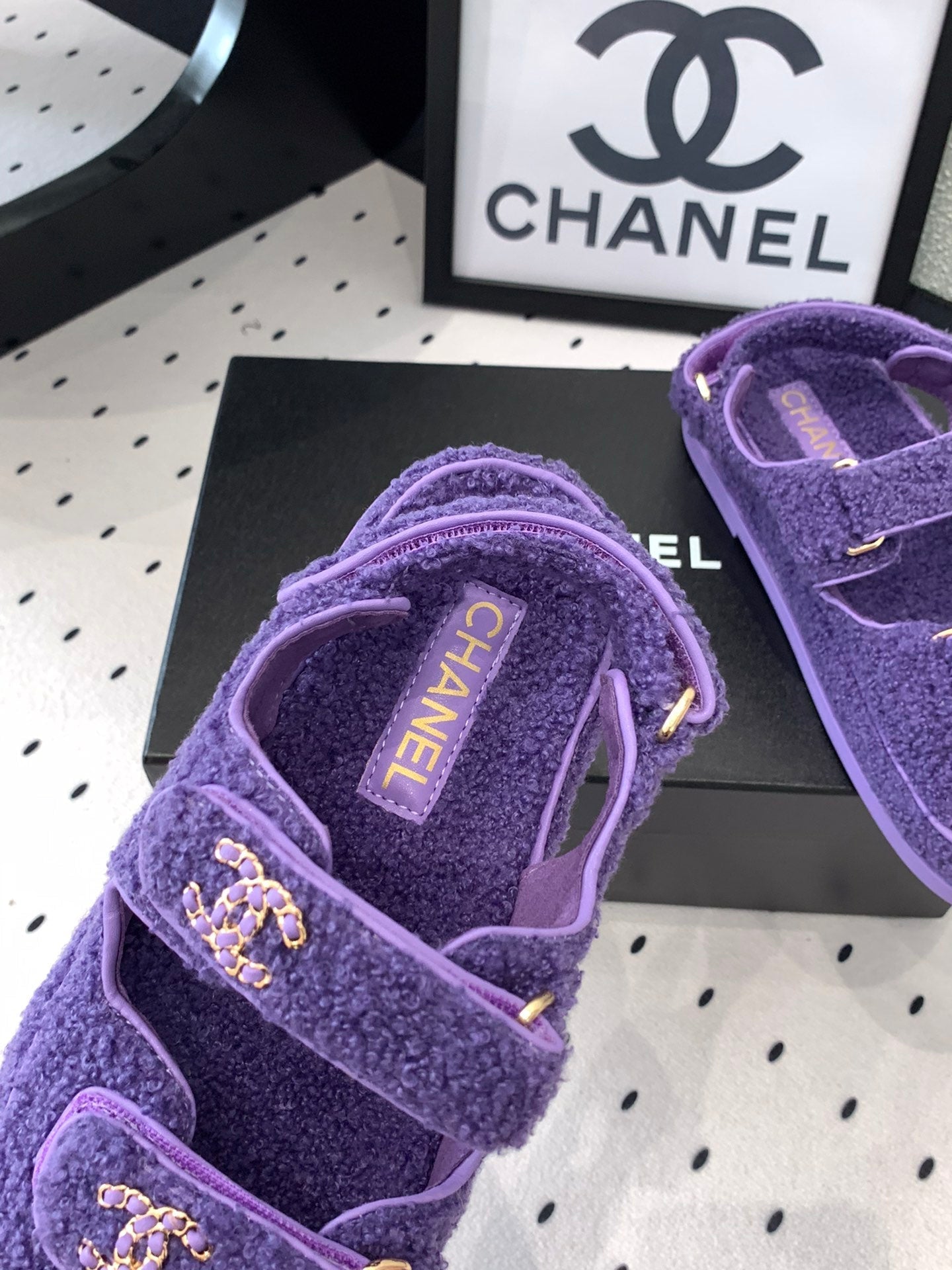 CHANEL DAD SANDAL PLUM PURPLE LAMB FUR