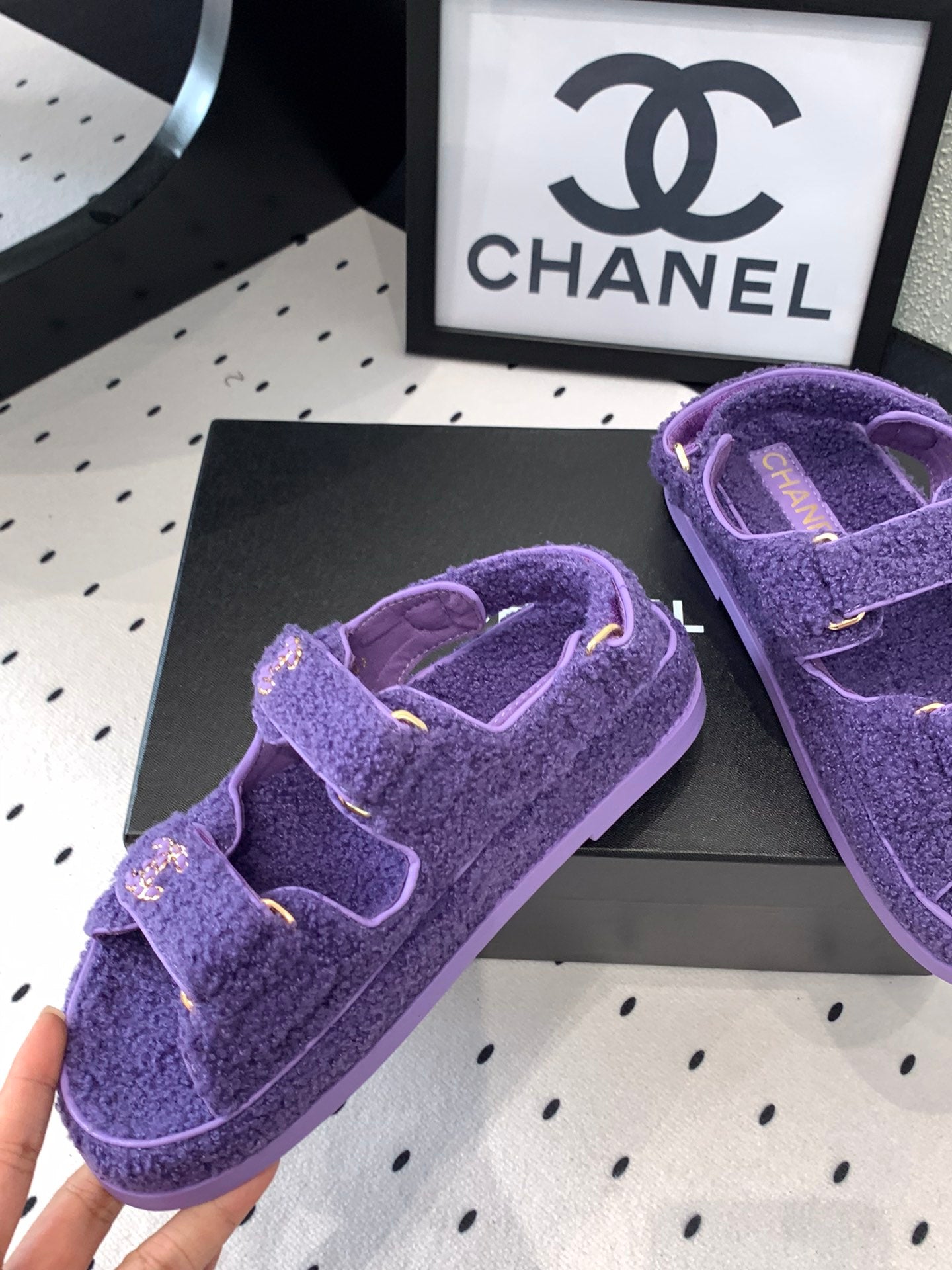 CHANEL DAD SANDAL PLUM PURPLE LAMB FUR