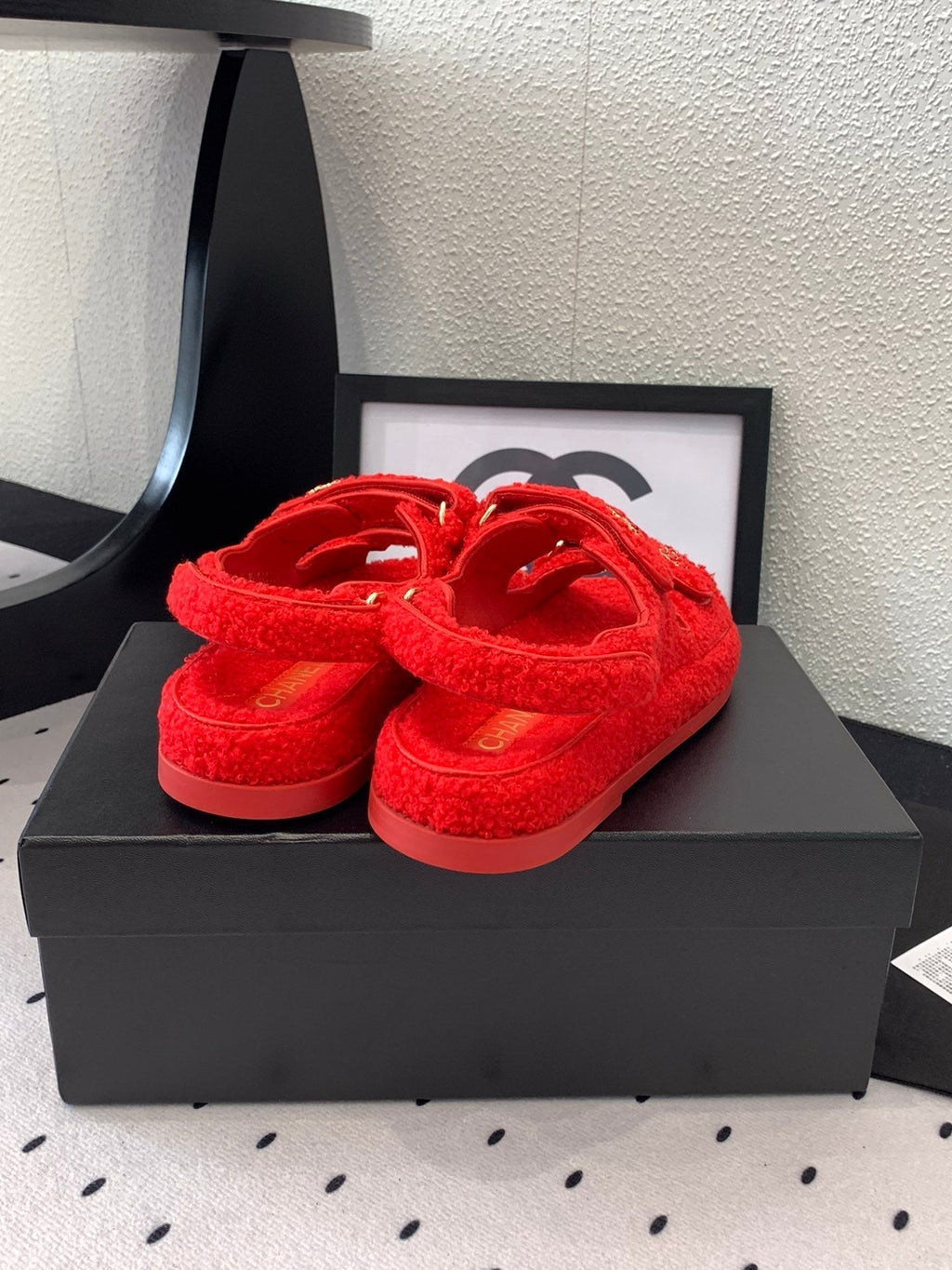CHANEL DAD SANDAL CRIMSON RED LAMB FUR