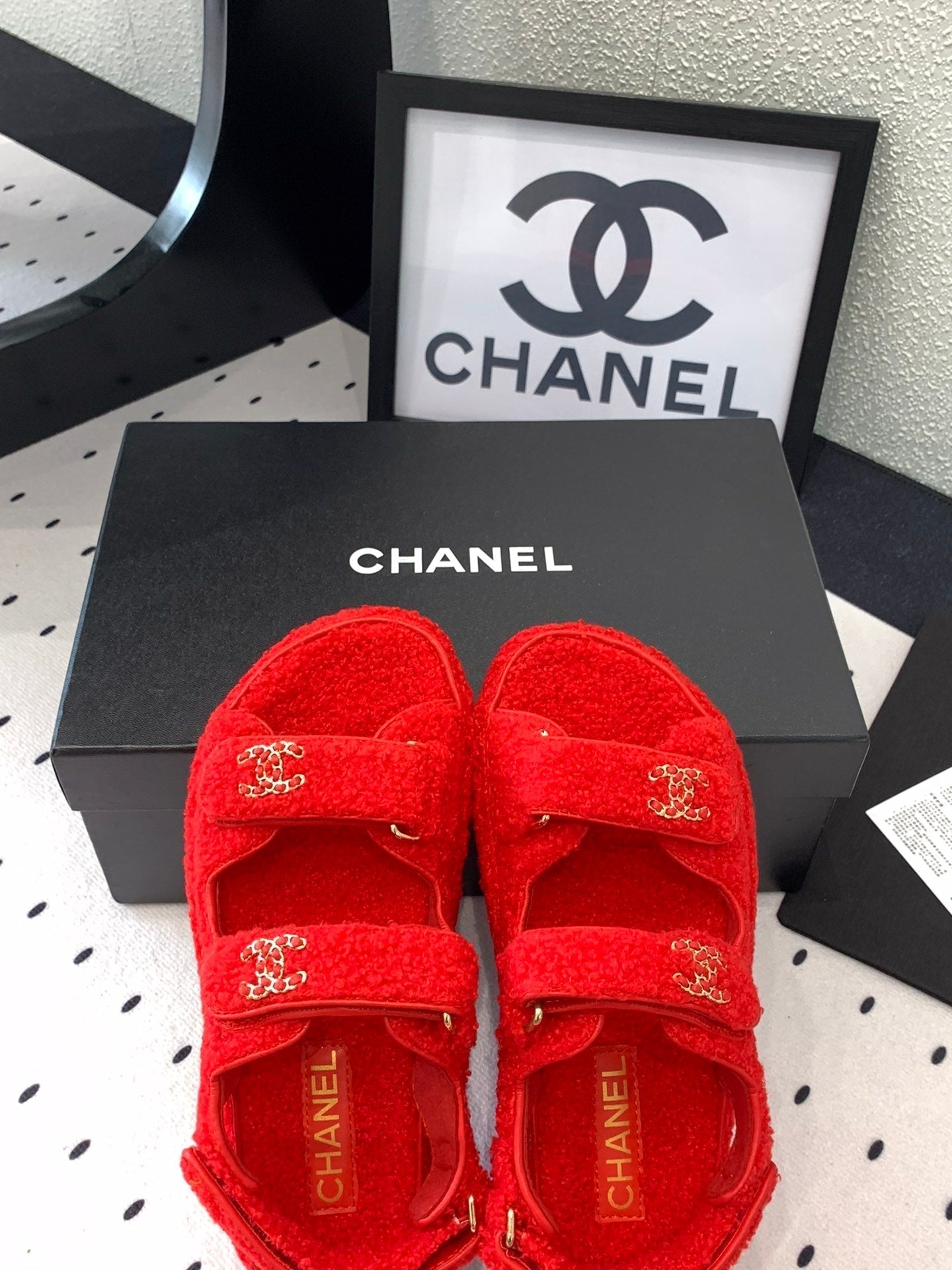 CHANEL DAD SANDAL CRIMSON RED LAMB FUR