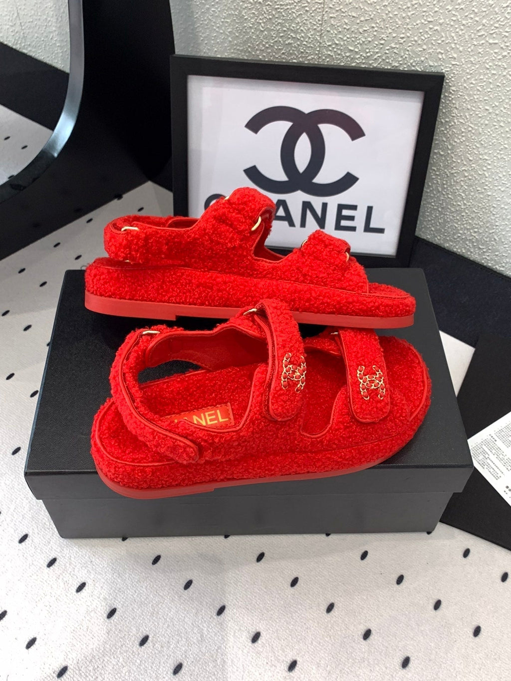 CHANEL DAD SANDAL CRIMSON RED LAMB FUR