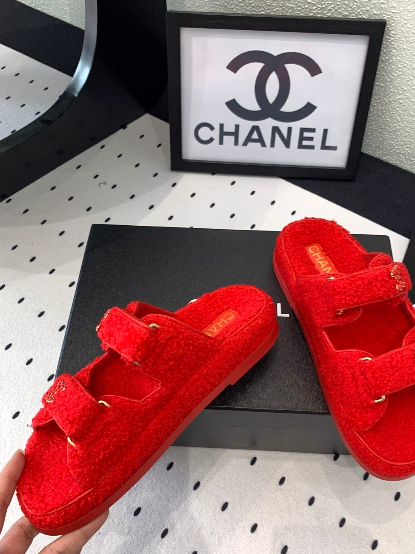 CHANEL DAD SANDAL MULE IN CRIMSON RED LAMB FUR