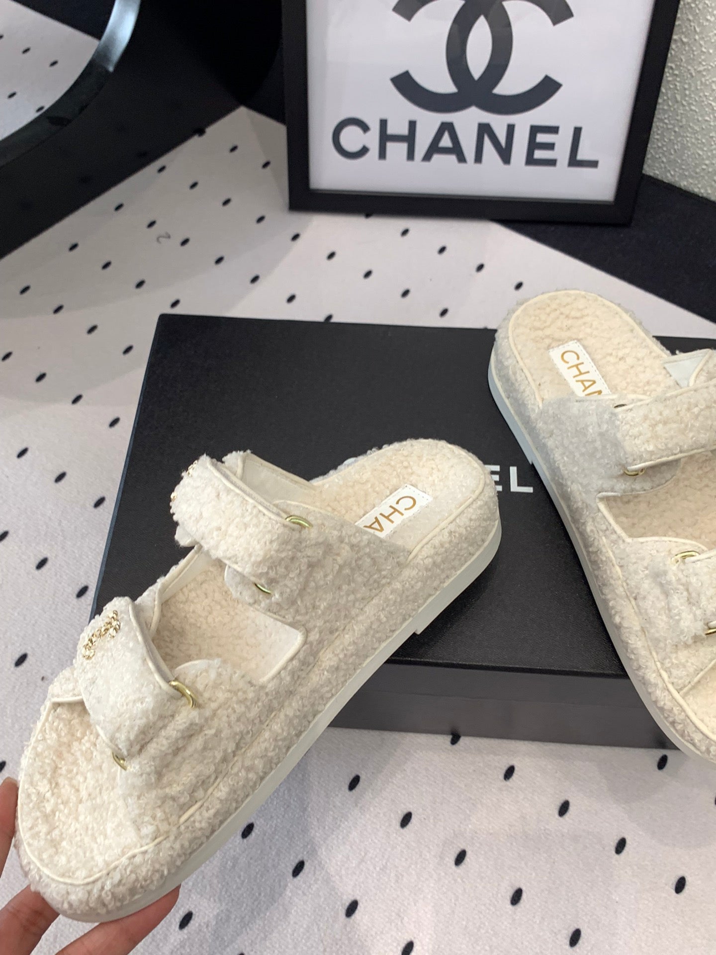 CHANEL DAD SANDAL MULE IN WHITE LAMB FUR