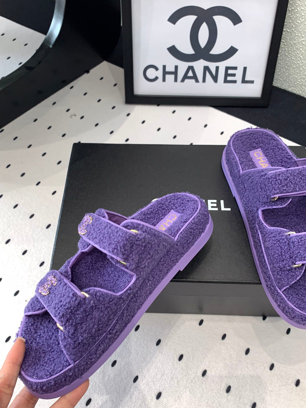 CHANEL DAD SANDAL MULE IN PLUM PURPLE LAMB FUR