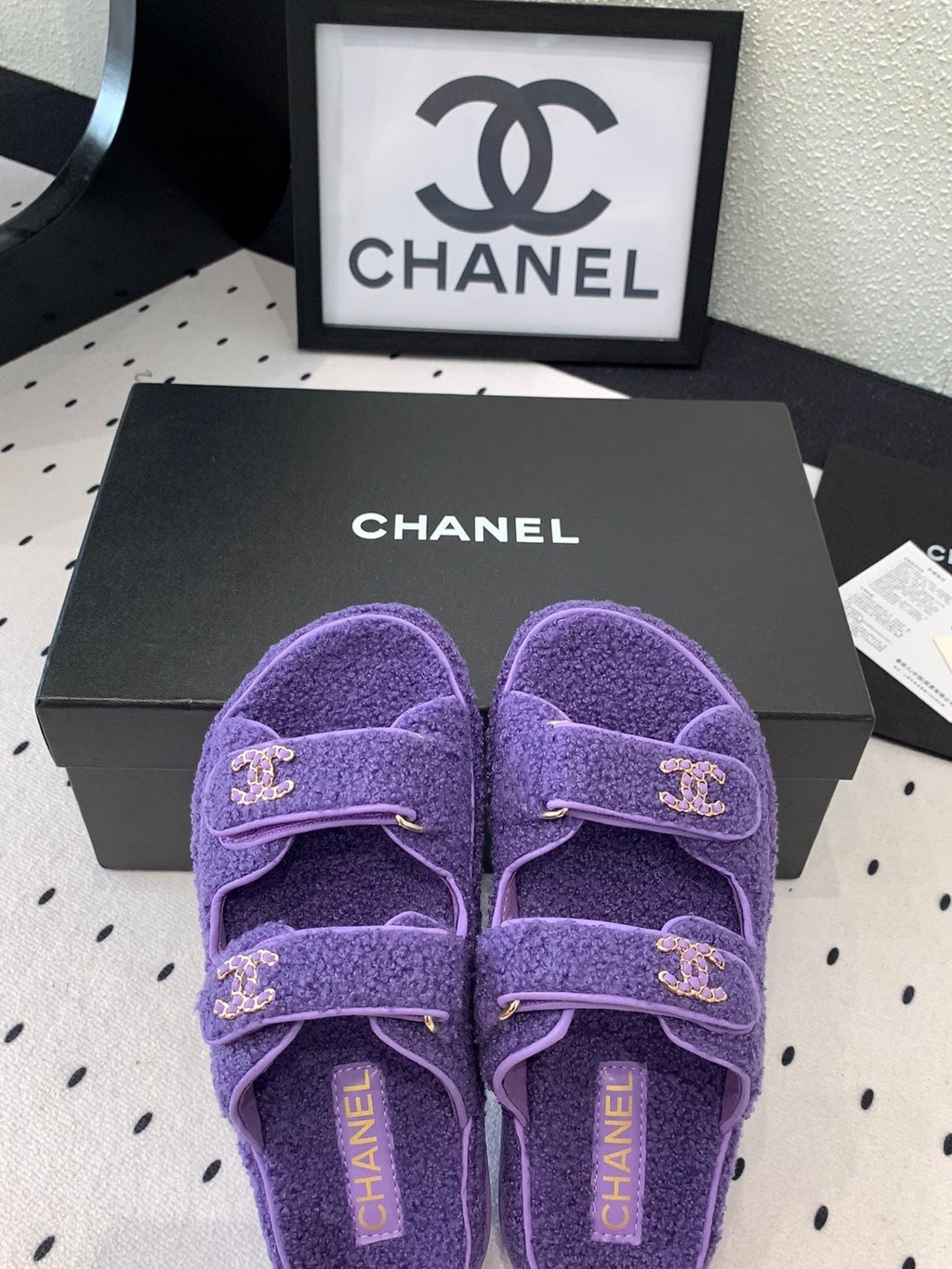 CHANEL DAD SANDAL MULE IN PLUM PURPLE LAMB FUR