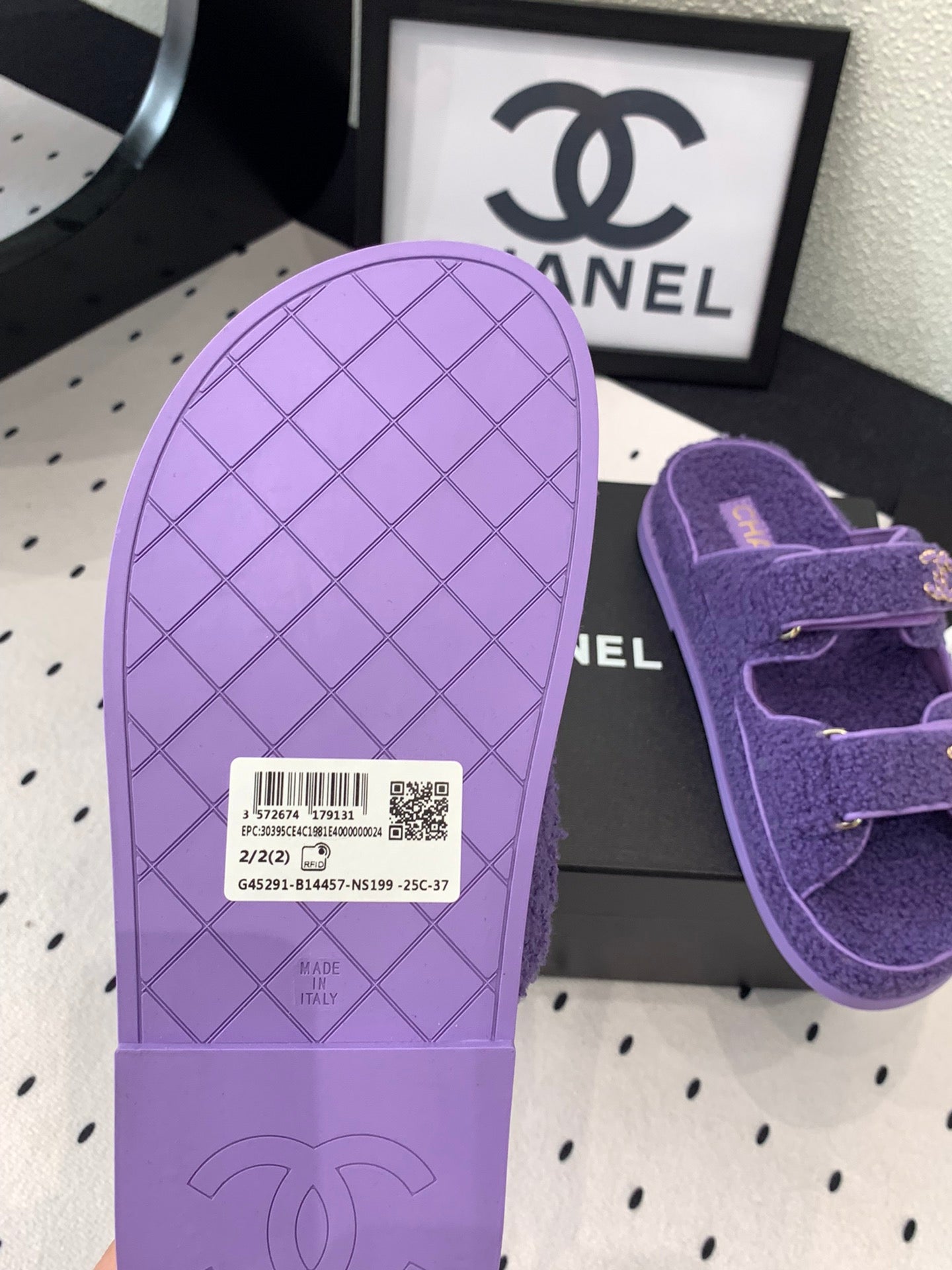 CHANEL DAD SANDAL MULE IN PLUM PURPLE LAMB FUR