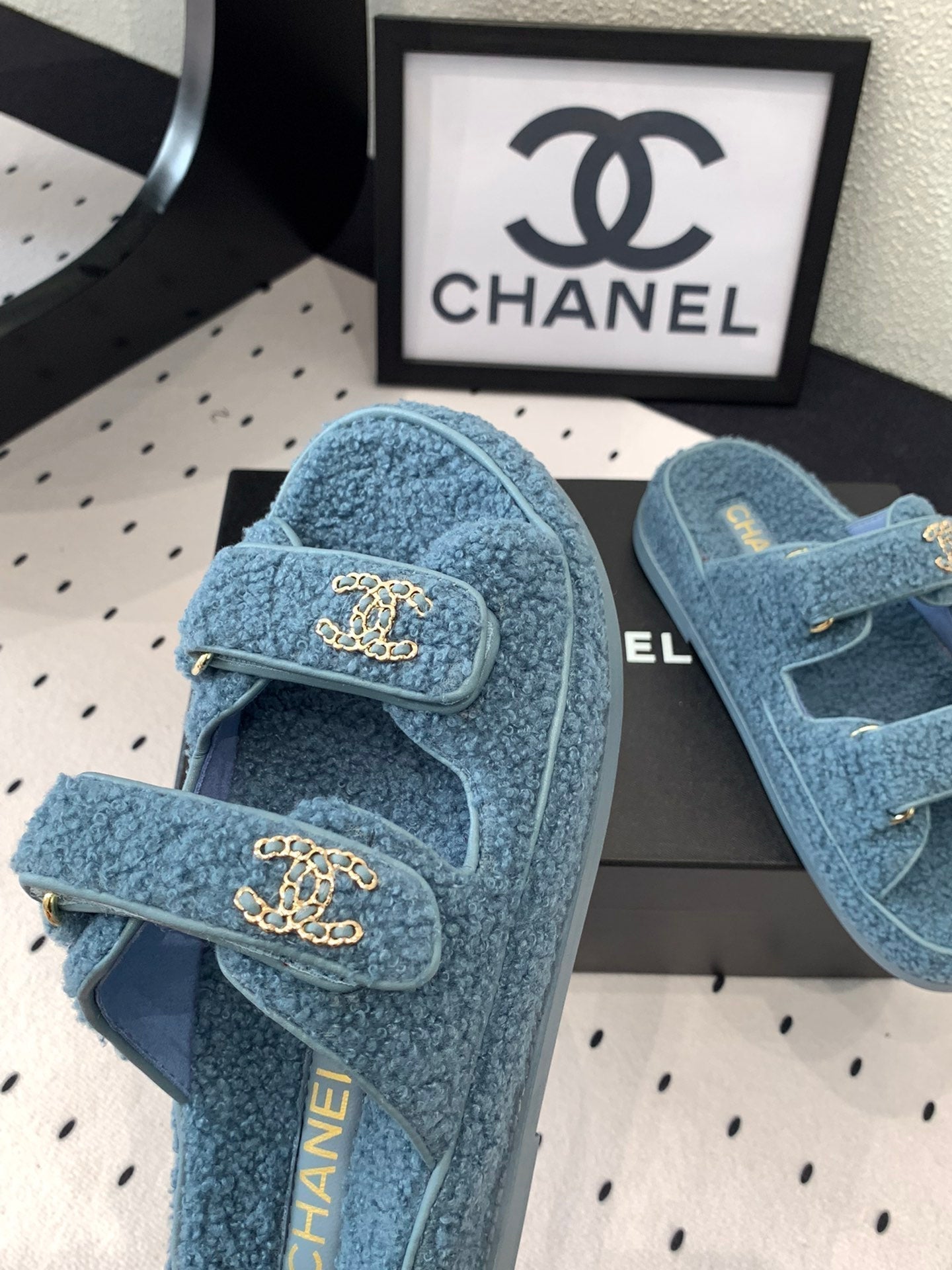 CHANEL DAD SANDAL MULE IN AEGEAN BLUE LAMB FUR