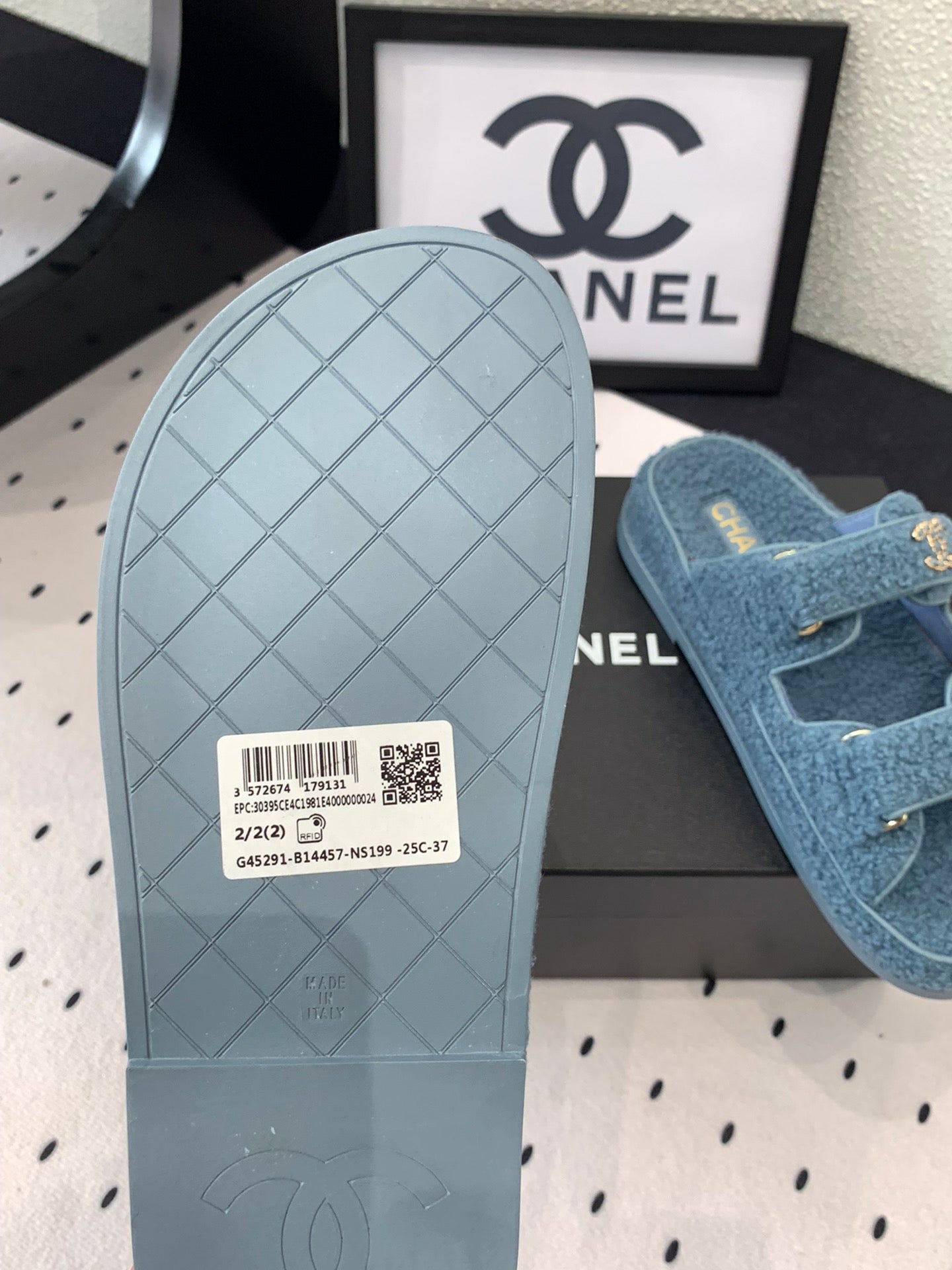 CHANEL DAD SANDAL MULE IN AEGEAN BLUE LAMB FUR