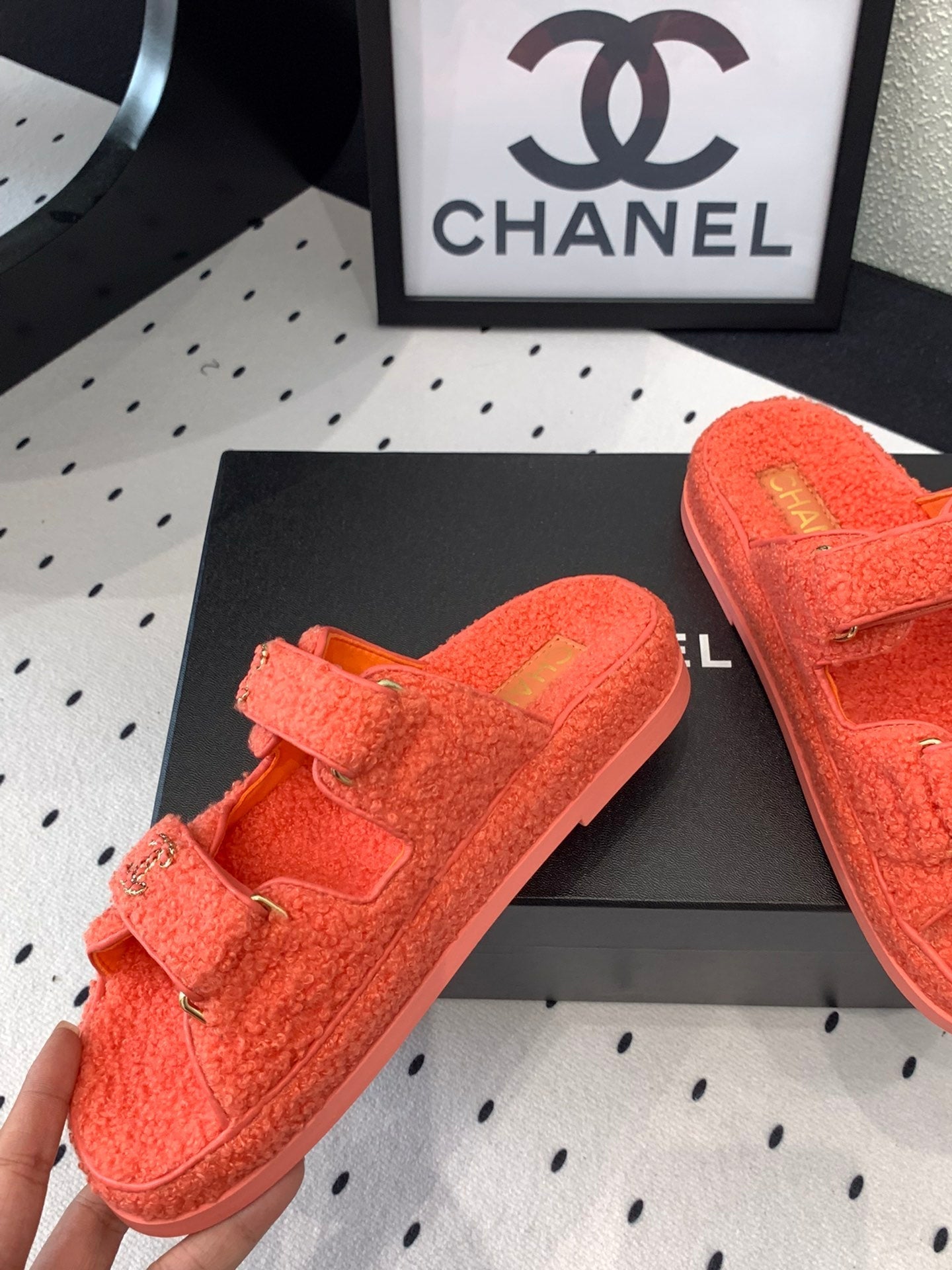 CHANEL DAD SANDAL MULE IN RED ORANGE LAMB FUR