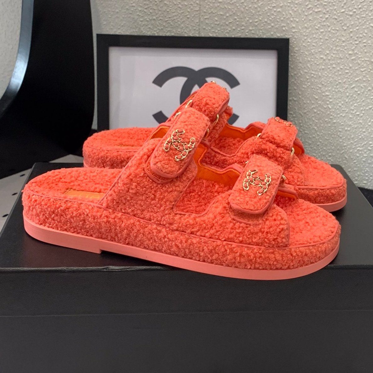 CHANEL DAD SANDAL MULE IN RED ORANGE LAMB FUR