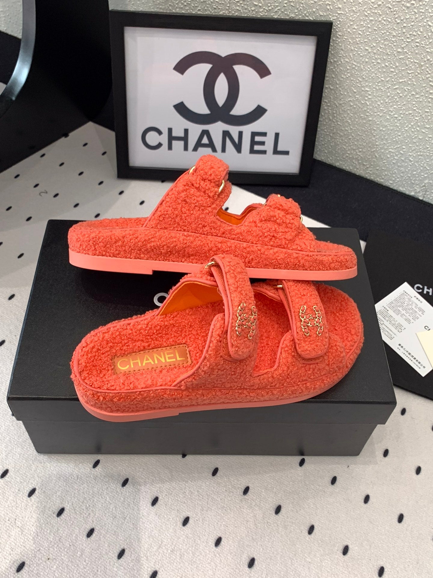CHANEL DAD SANDAL MULE IN RED ORANGE LAMB FUR