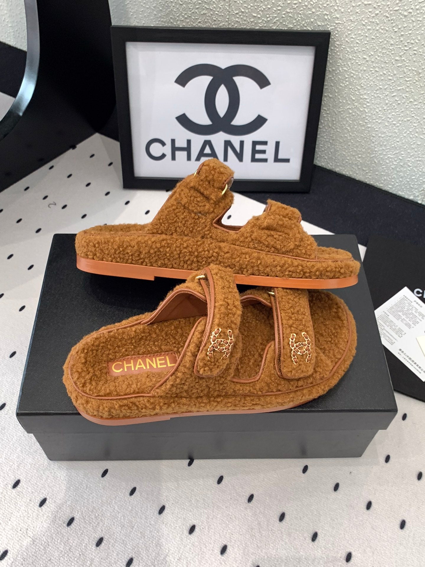 CHANEL DAD SANDAL MULE IN BRONZE BROWN LAMB FUR